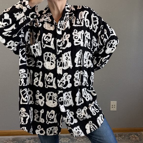 We Be Bop Women Button Tunic Black White Tribal Print Plus Size 2X Beaded Accent - Picture 1 of 8